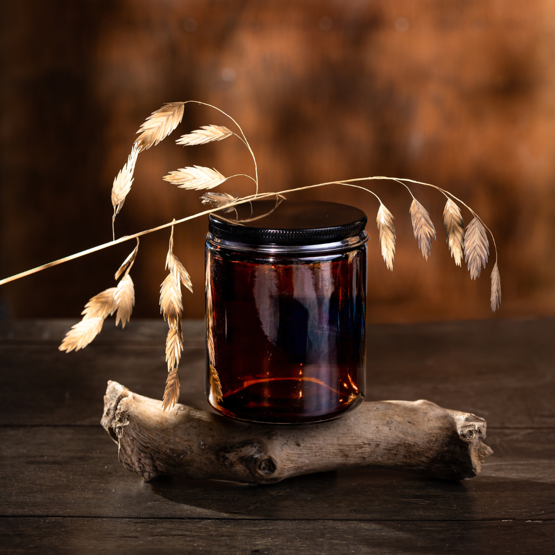 8oz amber straight-sided glass candle jar with black lid