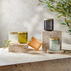 Jasper straight-sided glass candle jars in assorted colours with gold lids