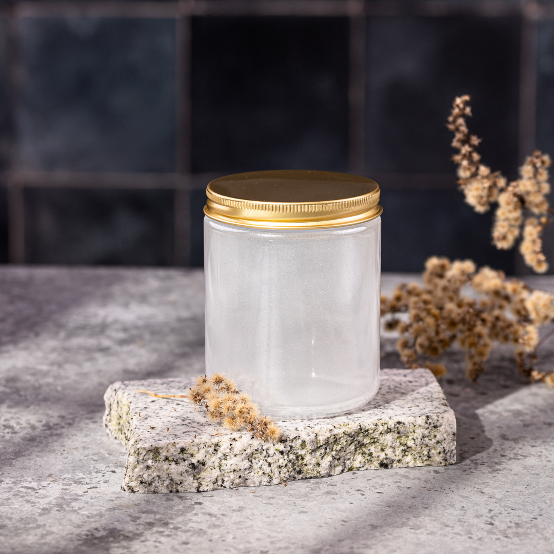 8oz straight-sided glass jar with lid for soap & candle making in white color.